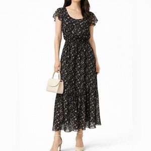 Le Ragazze Silk Blend Made in Italy Black Floral Flutter Sleeve Dress Sz L🧡🎀